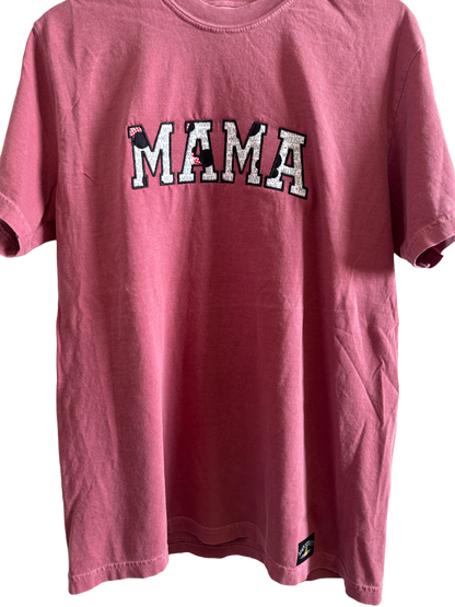 Pink embroidered MAMA tee with mouse ear bow details and playful Disney-inspired lettering