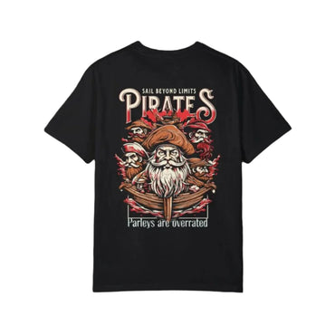 Pirates tee with bold sailor artwork and “Forget the Parley” design on back.