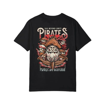 Pirates tee with bold sailor artwork and “Forget the Parley” design on back.