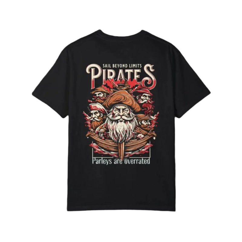 Black t-shirt with colorful pirate graphic, ships wheel, skulls, and 'Parleys are overrated' text.