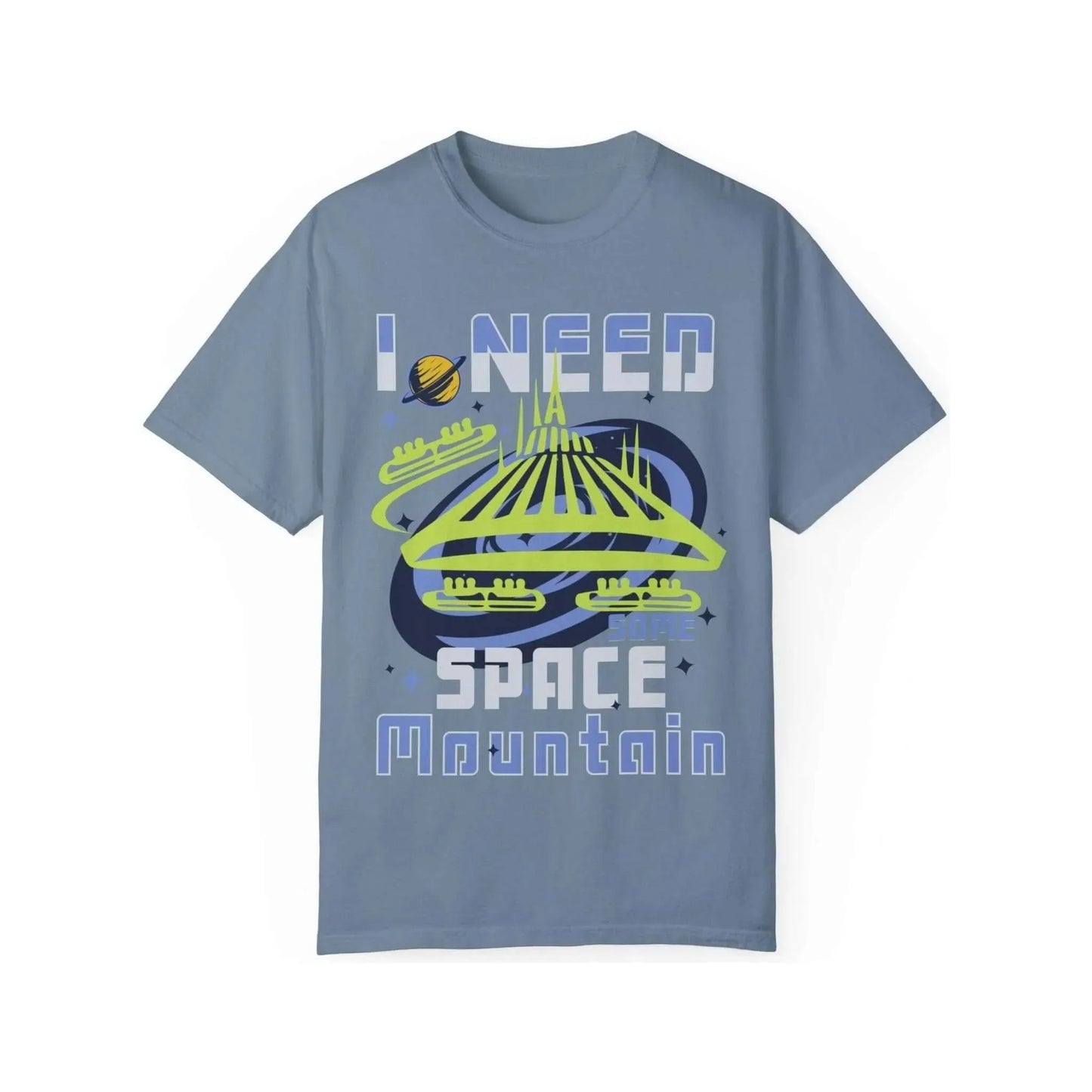 Close-up of Disney Space Mountain shirt graphic in galactic theme