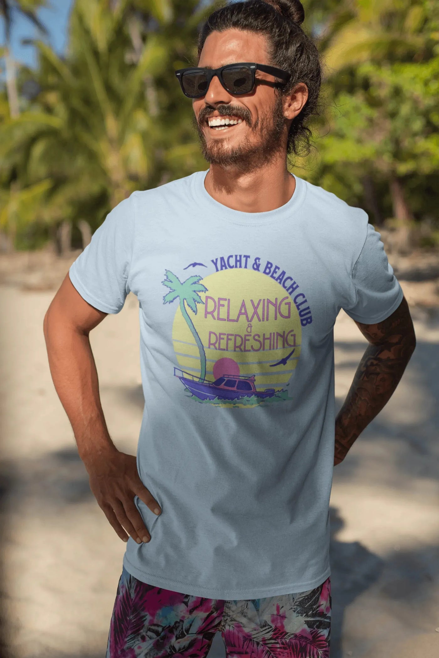 Pastel Yacht Club shirt with tropical sunset and retro font