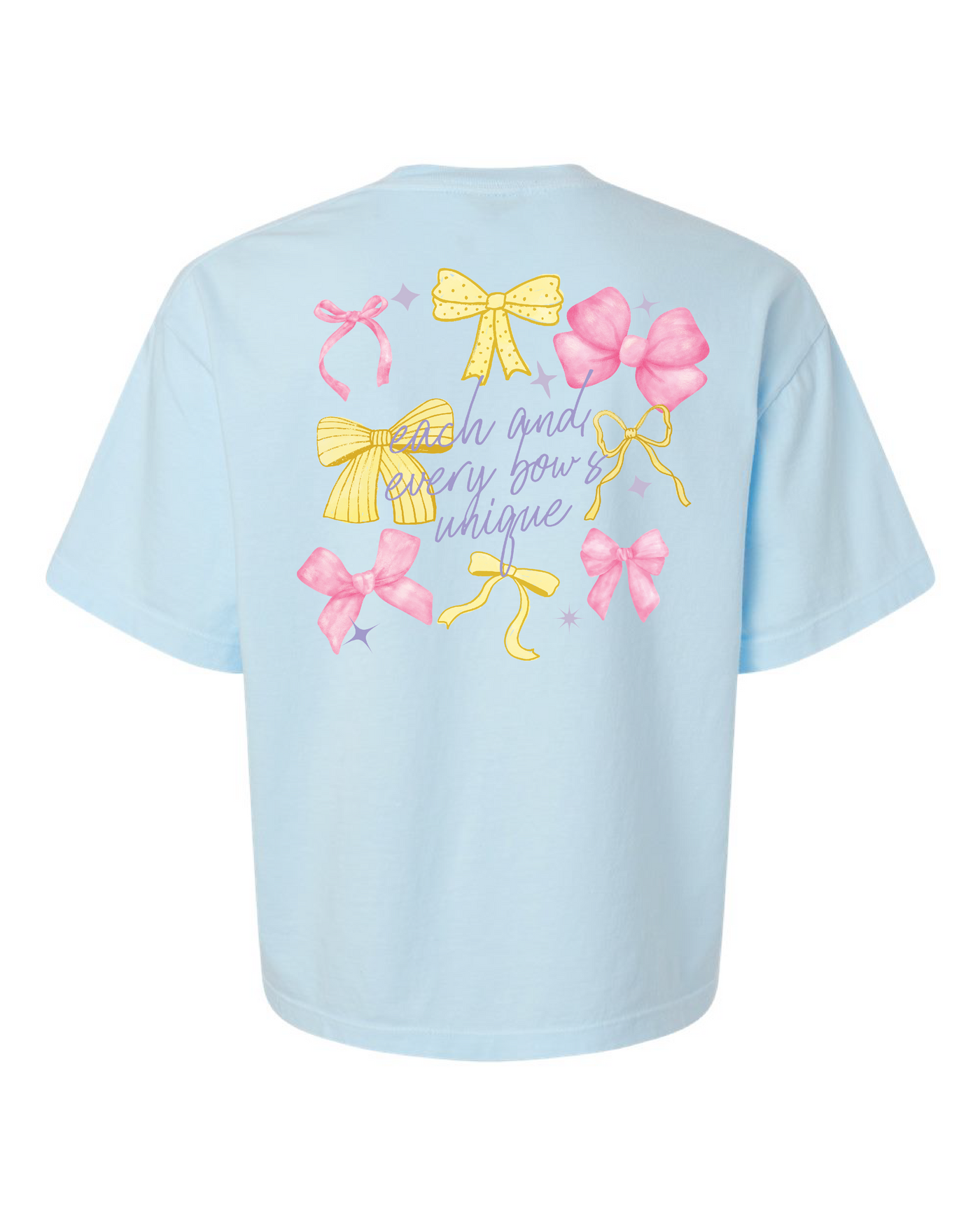 Light blue T-shirt with yellow and pink bow designs and 'each and every bow's unique' text on back