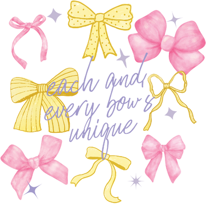 Pastel pink and yellow decorative bows with 'each and every bow's unique' text overlay.