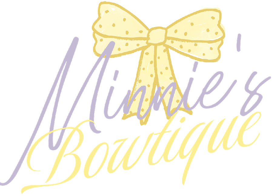 Yellow polka dot bow above cursive Minnie’s Boutique text, pastel themed logo.