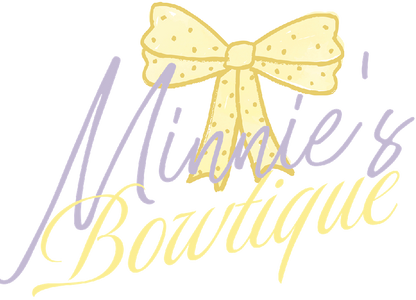Yellow polka dot bow above cursive Minnie’s Boutique text, pastel themed logo.