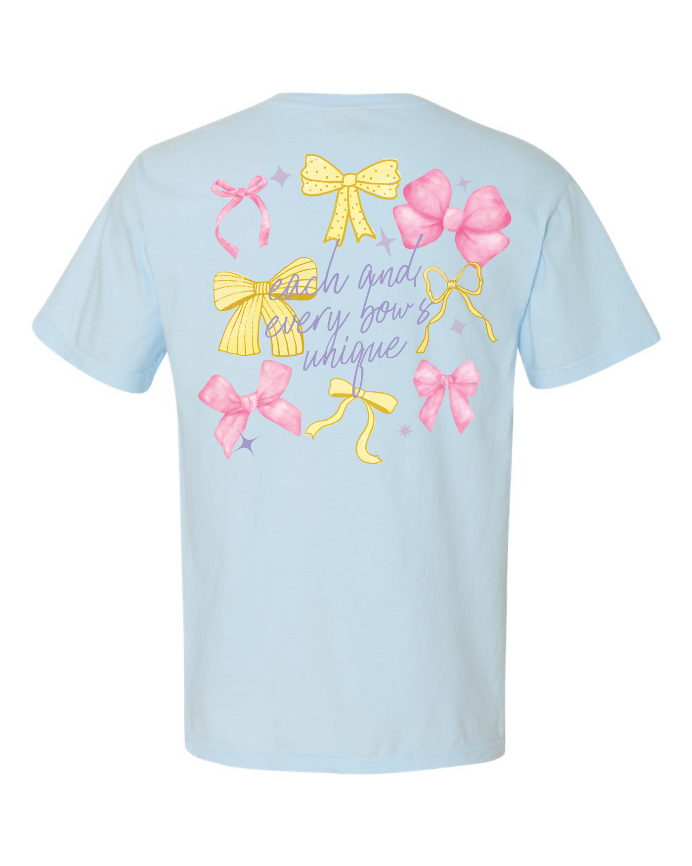Light blue t-shirt with colorful bows and decorative text on the back, Disney-inspired apparel