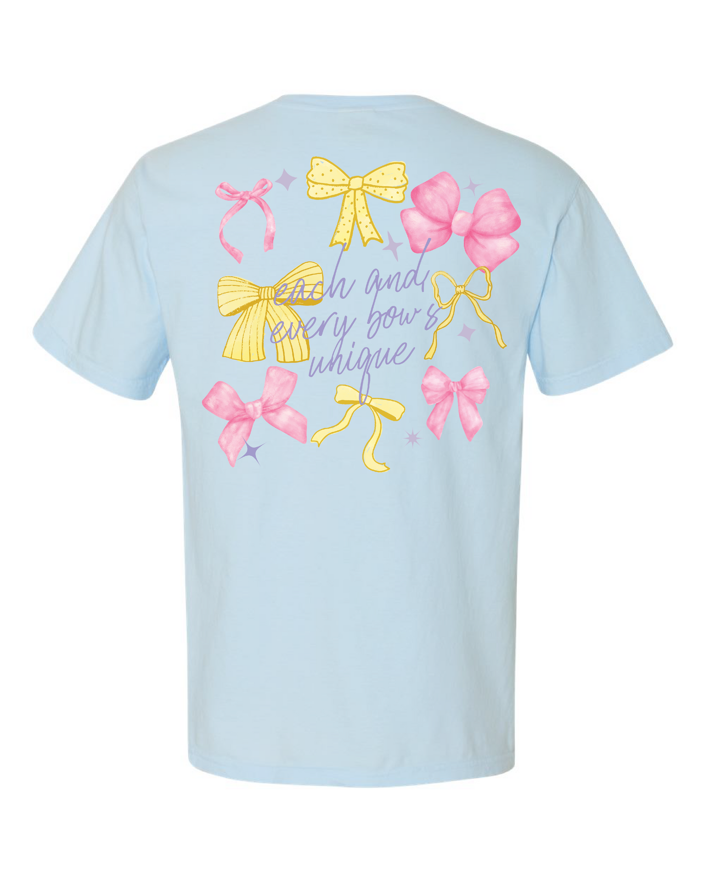 Light blue t-shirt with colorful bows and decorative text on the back, Disney-inspired apparel