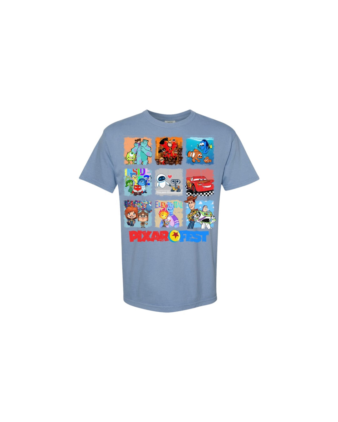 Light blue t-shirt with colorful Pixar character graphics and 'Pixar Fest' text on the front.