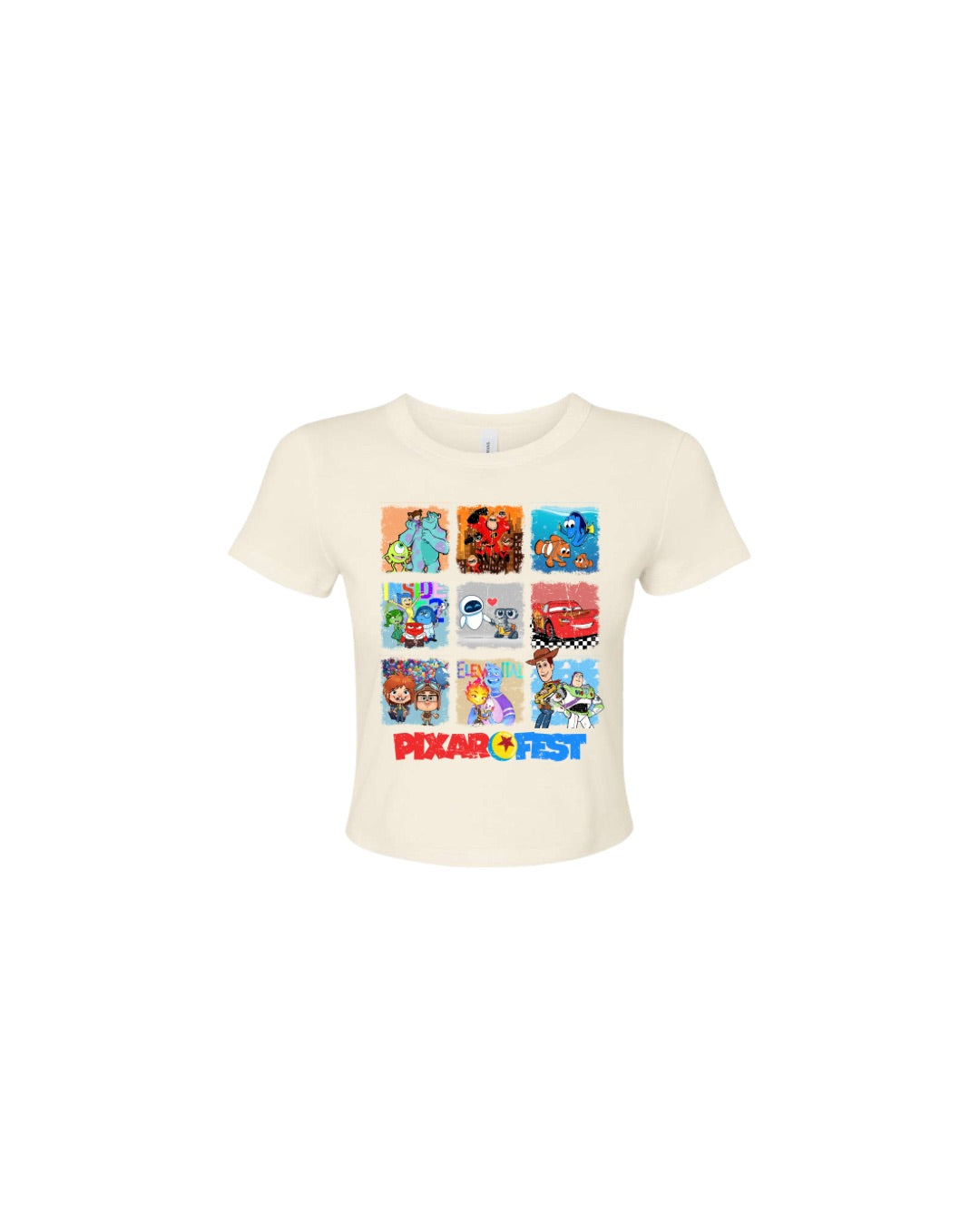 White t-shirt with colorful Pixar-themed graphic on a white background