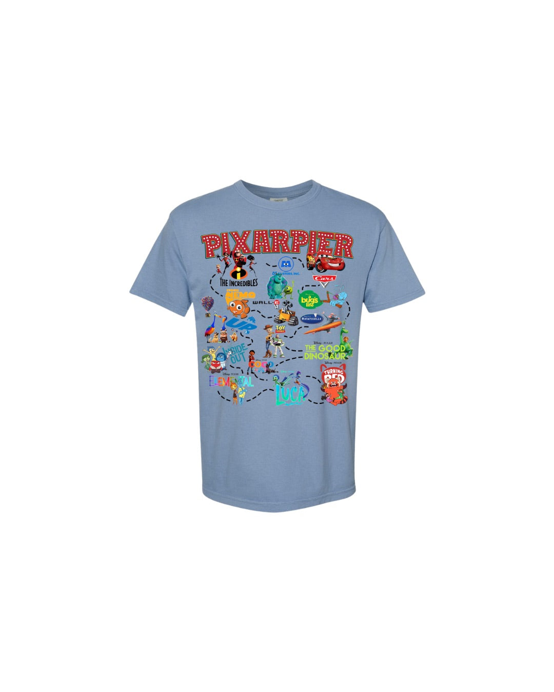 Light blue Pixar Pier t-shirt featuring colorful Disney Pixar character graphics