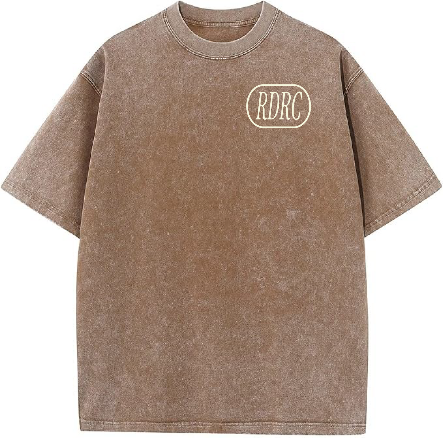 Brown vintage wash t-shirt with 'RDRC' logo on chest, unisex casual apparel