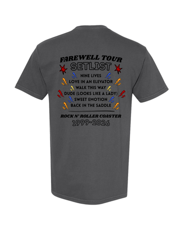 Gray t-shirt with Rock N’ Roller Coaster farewell tour setlist and lightning bolt graphics on back