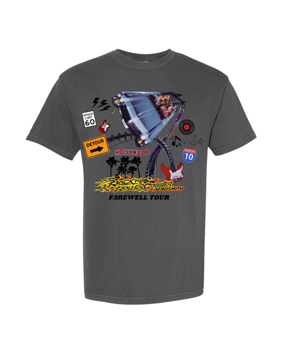 Charcoal t-shirt with Rock ‘n’ Roller Coaster graphic, guitars, Hollywood signs, and Farewell Tour text