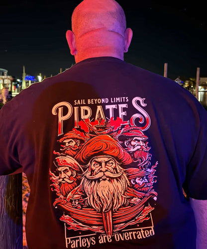 Back graphic of pirate shirt with ship, bearded captain, and nautical theme