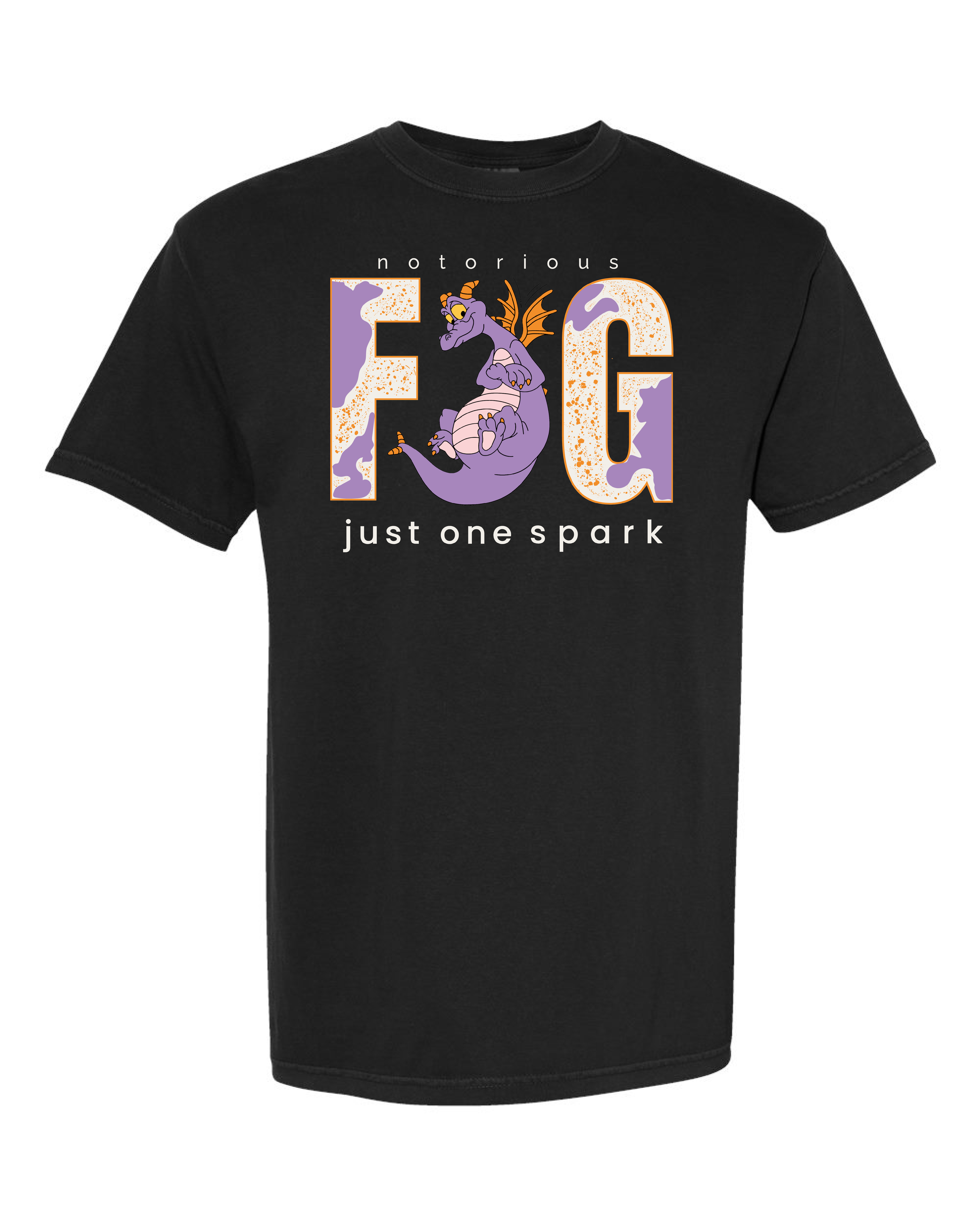 Black t-shirt with playful purple dragon, large stylized F G letters, and text just one spark
