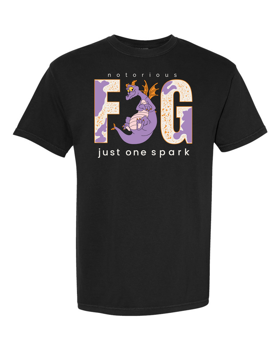 Black t-shirt with playful purple dragon, large stylized F G letters, and text just one spark