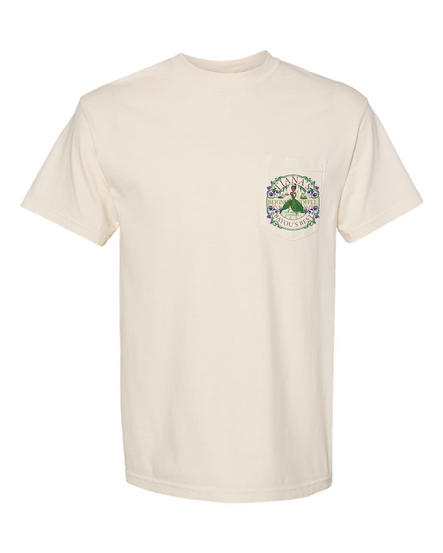 Cream t-shirt with colorful princess-inspired beignets and coffee pocket graphic