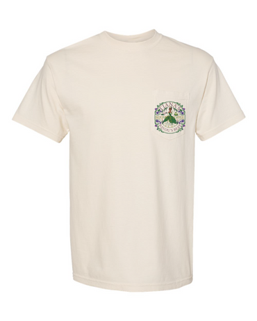 Cream t-shirt with colorful princess-inspired beignets and coffee pocket graphic