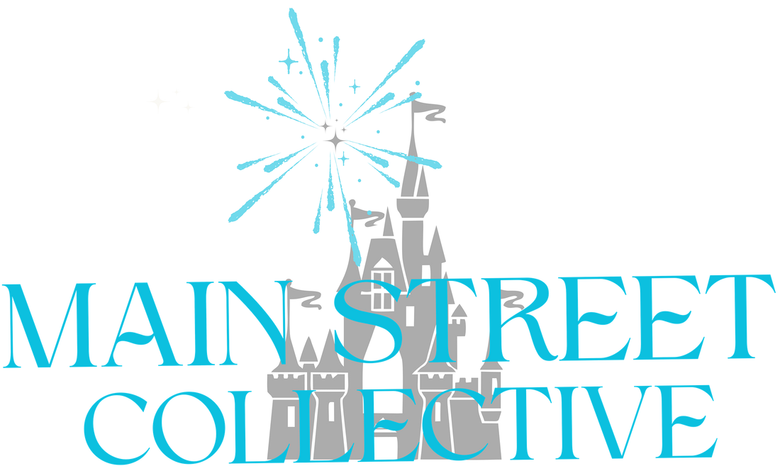 Gray fairytale castle with blue fireworks and text reading Main Street Collective