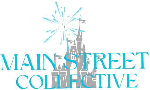 Gray fairytale castle with blue fireworks and text reading Main Street Collective