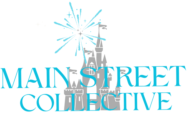 Gray fairytale castle with blue fireworks and text reading Main Street Collective