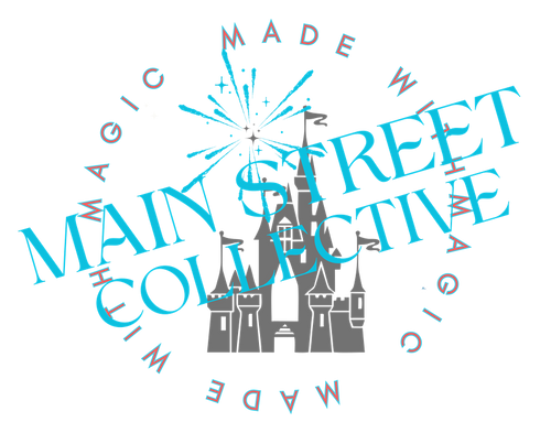 Gray castle silhouette with fireworks, blue text overlay, and magic-themed circular text