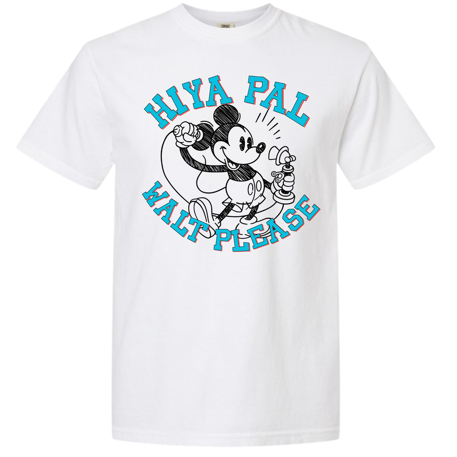 White t-shirt with vintage cartoon mouse, text 'Hiya Pal' and 'Walt Please' in blue letters