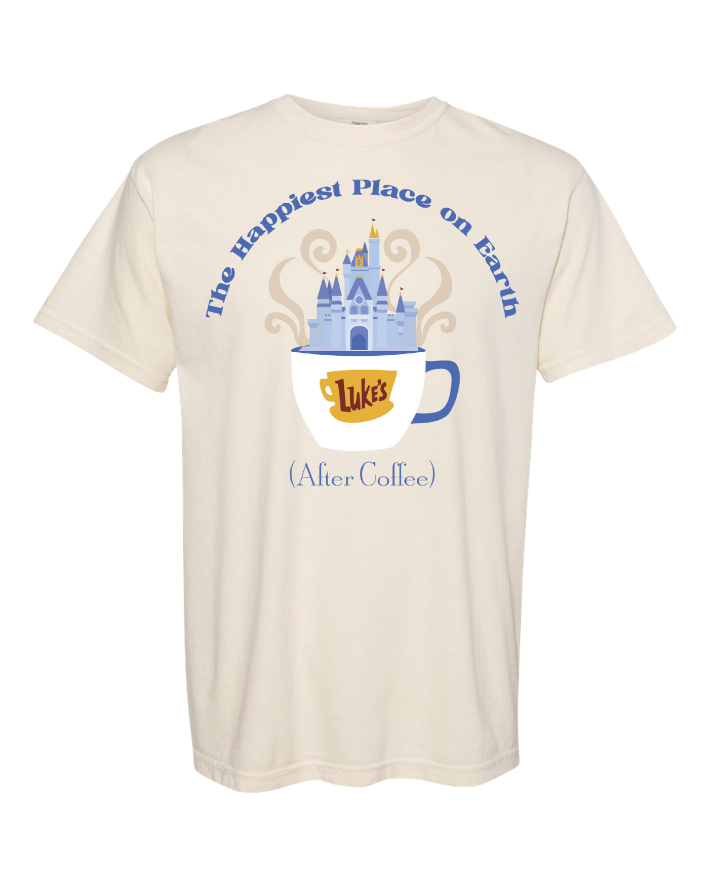 Cream t-shirt with blue castle and coffee cup graphic, text reads 'The Happiest Place on Earth (After Coffee)'.