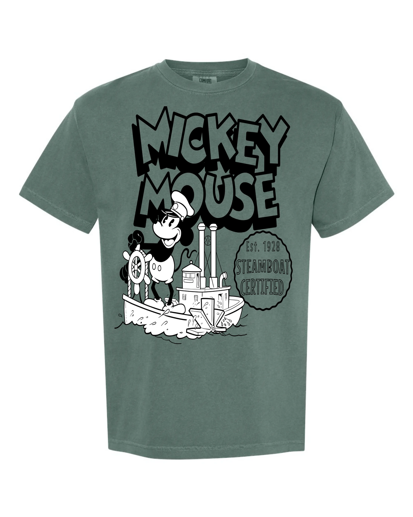 Green vintage-inspired t-shirt with cartoon steamboat captain and bold Mickey Mouse text.