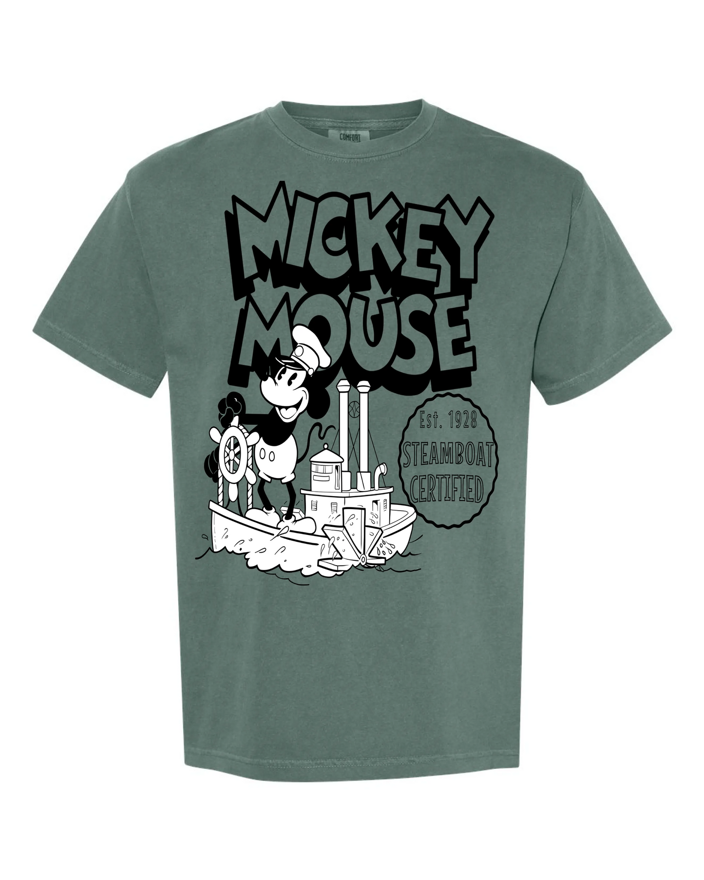Green vintage-inspired t-shirt with cartoon steamboat captain and bold Mickey Mouse text.