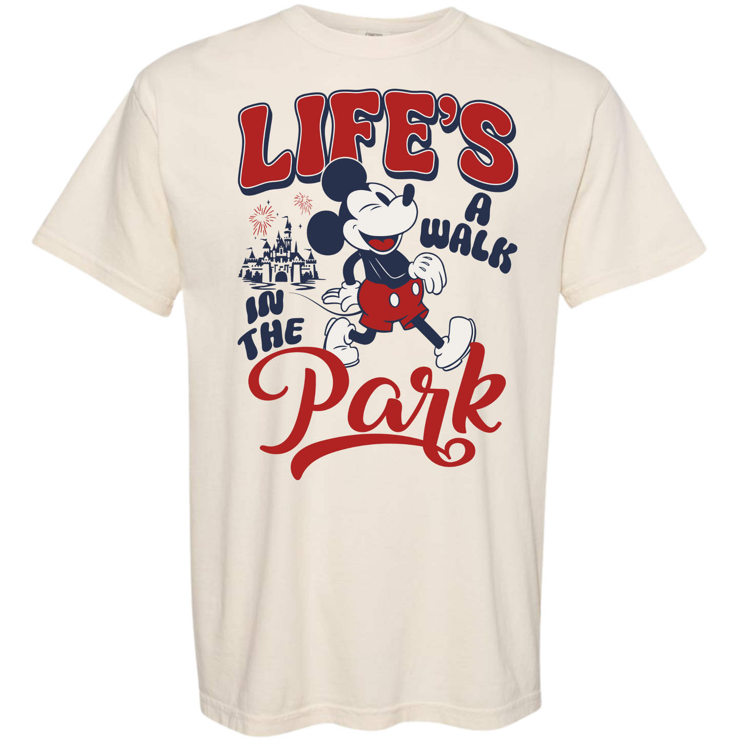 Beige t-shirt with Mickey Mouse graphic and 'Life's a Walk in the Park' text on a ivory background