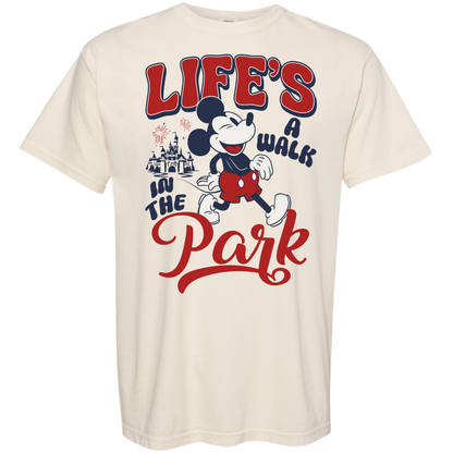 Beige t-shirt with Mickey Mouse graphic and 'Life's a Walk in the Park' text on a ivory background
